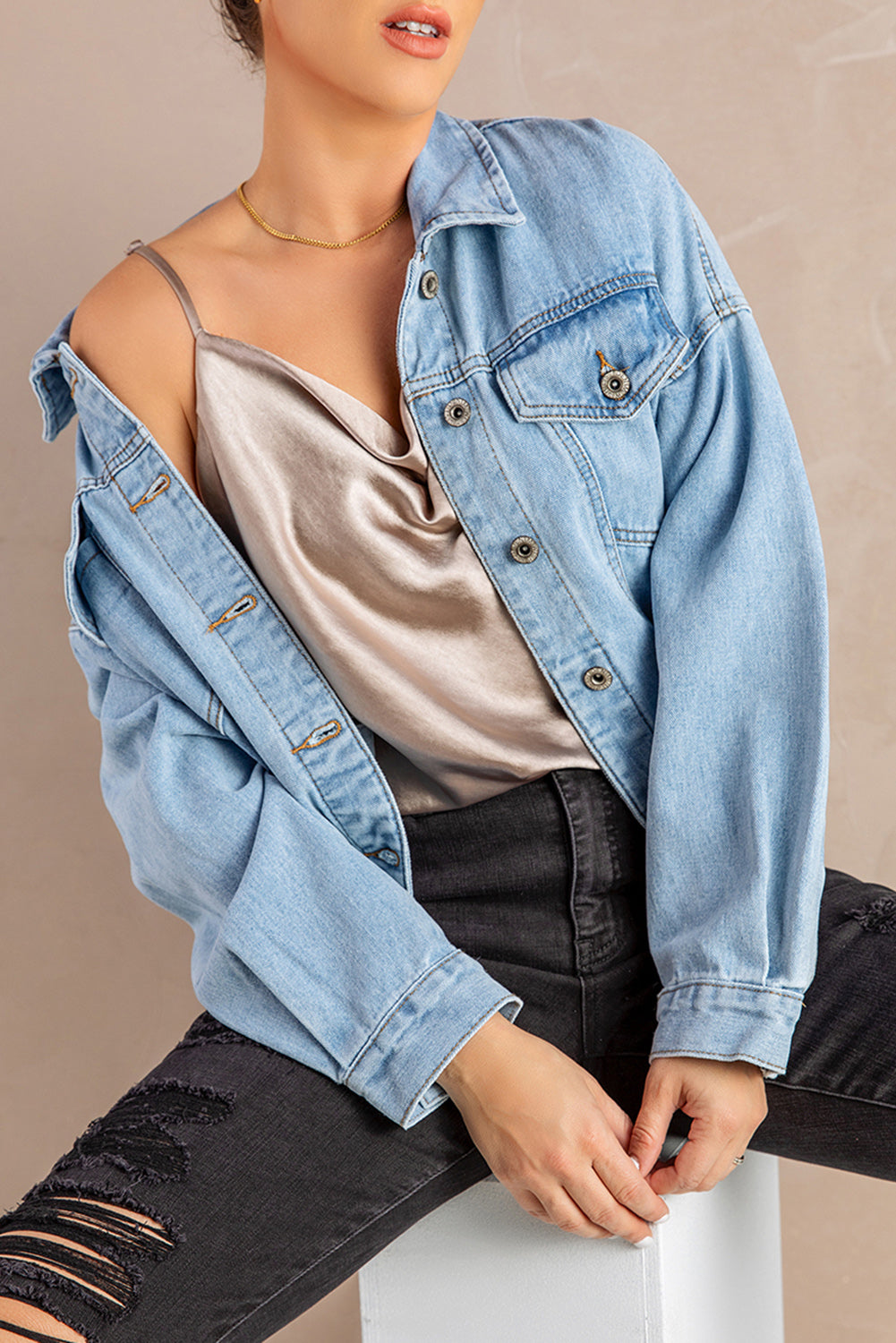 Button Down Dropped Shoulder Denim Jacket featuring a chic design with long sleeves and a button-down front, perfect for casual wear.