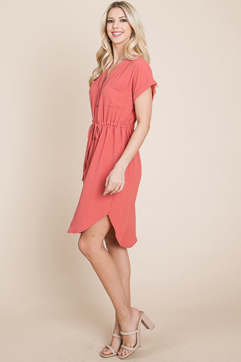 A stylish Button Down Solid Drawstring Waist Shirt Dress featuring dolman short sleeves, a v-neck, and two front pockets, perfect for casual wear.