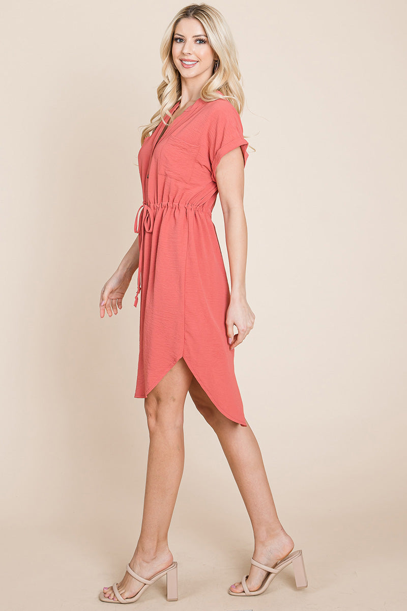 A stylish Button Down Solid Drawstring Waist Shirt Dress featuring dolman short sleeves, a v-neck, and two front pockets, perfect for casual wear.