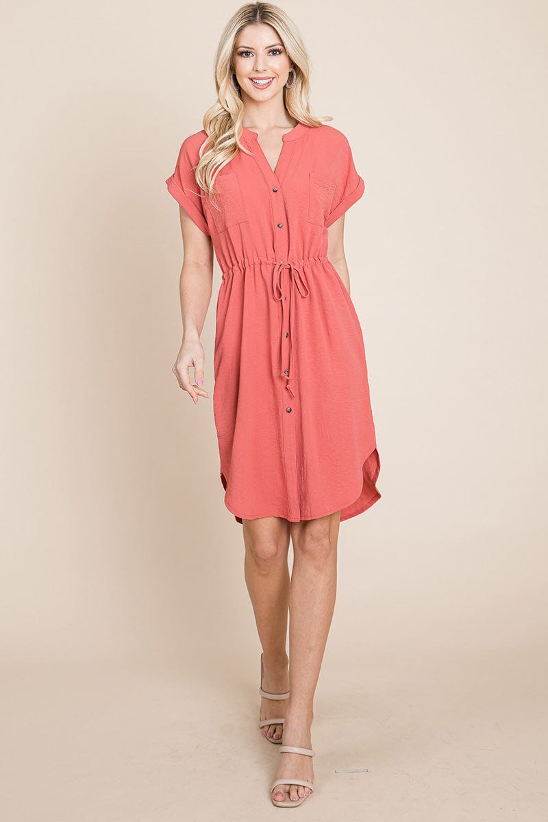 A stylish Button Down Solid Drawstring Waist Shirt Dress featuring dolman short sleeves, a v-neck, and two front pockets, perfect for casual wear.