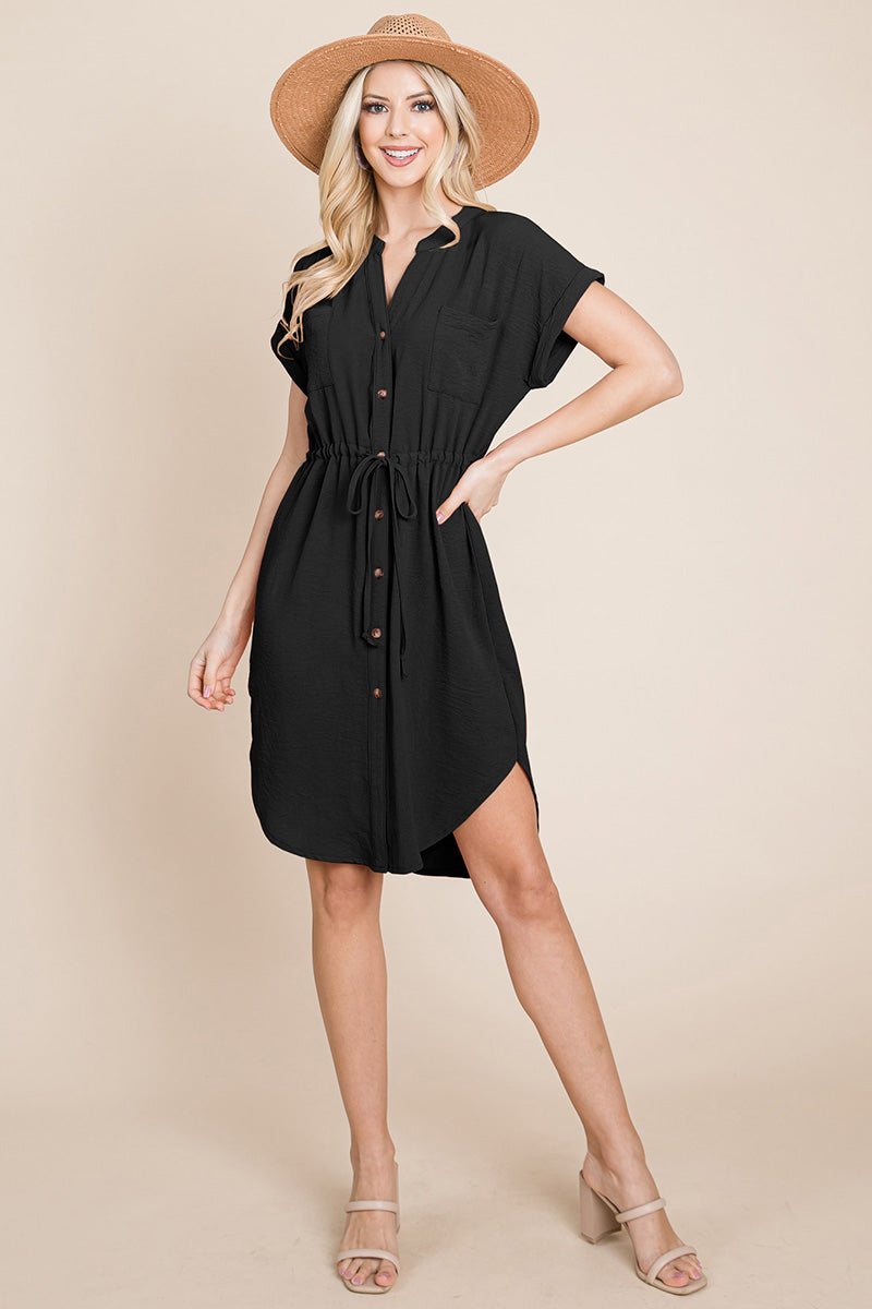 A stylish Button Down Solid Drawstring Waist Shirt Dress featuring dolman short sleeves, a v-neck, and two front pockets, perfect for casual wear.