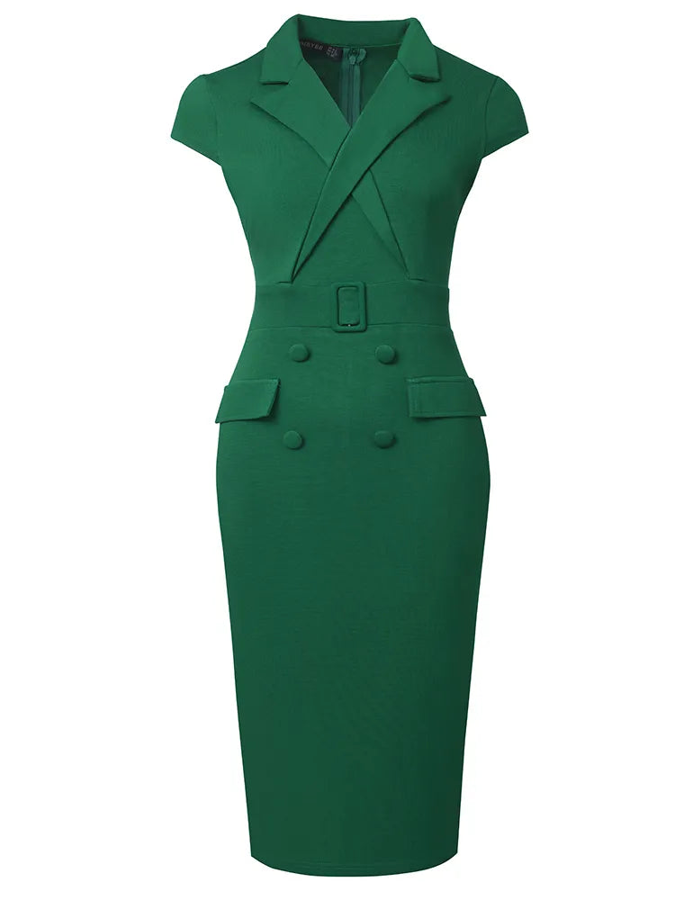 A stylish Button Formal Vintage Bodycon Dress featuring a V-neckline, short sleeves, and button decoration, perfect for formal occasions.