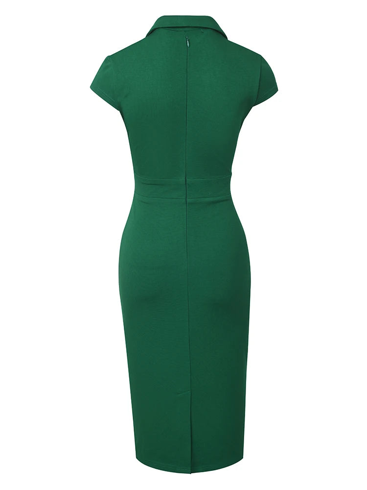 A stylish Button Formal Vintage Bodycon Dress featuring a V-neckline, short sleeves, and button decoration, perfect for formal occasions.