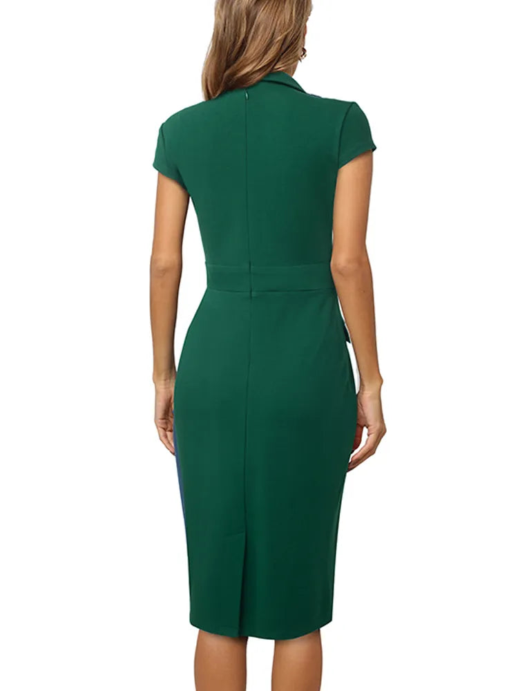 A stylish Button Formal Vintage Bodycon Dress featuring a V-neckline, button decoration, and mid-calf length, perfect for formal occasions.