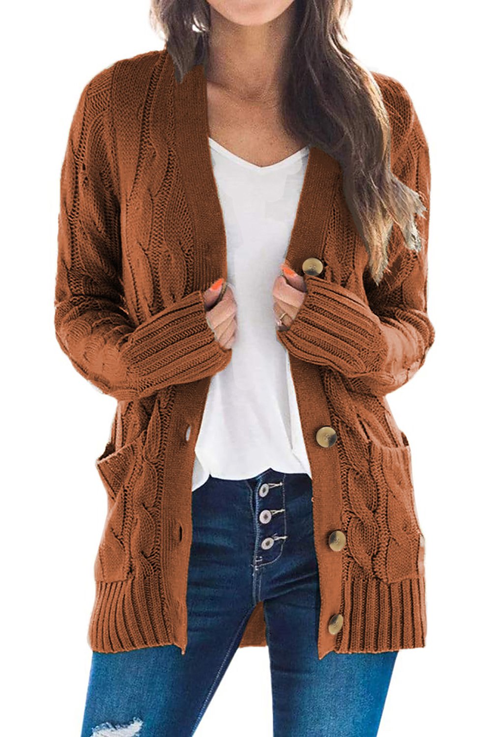 A cozy Button Pocket Knit Cardigan featuring a chunky button-up design, long sleeves, ribbed hem, and a front pocket, perfect for chilly days.