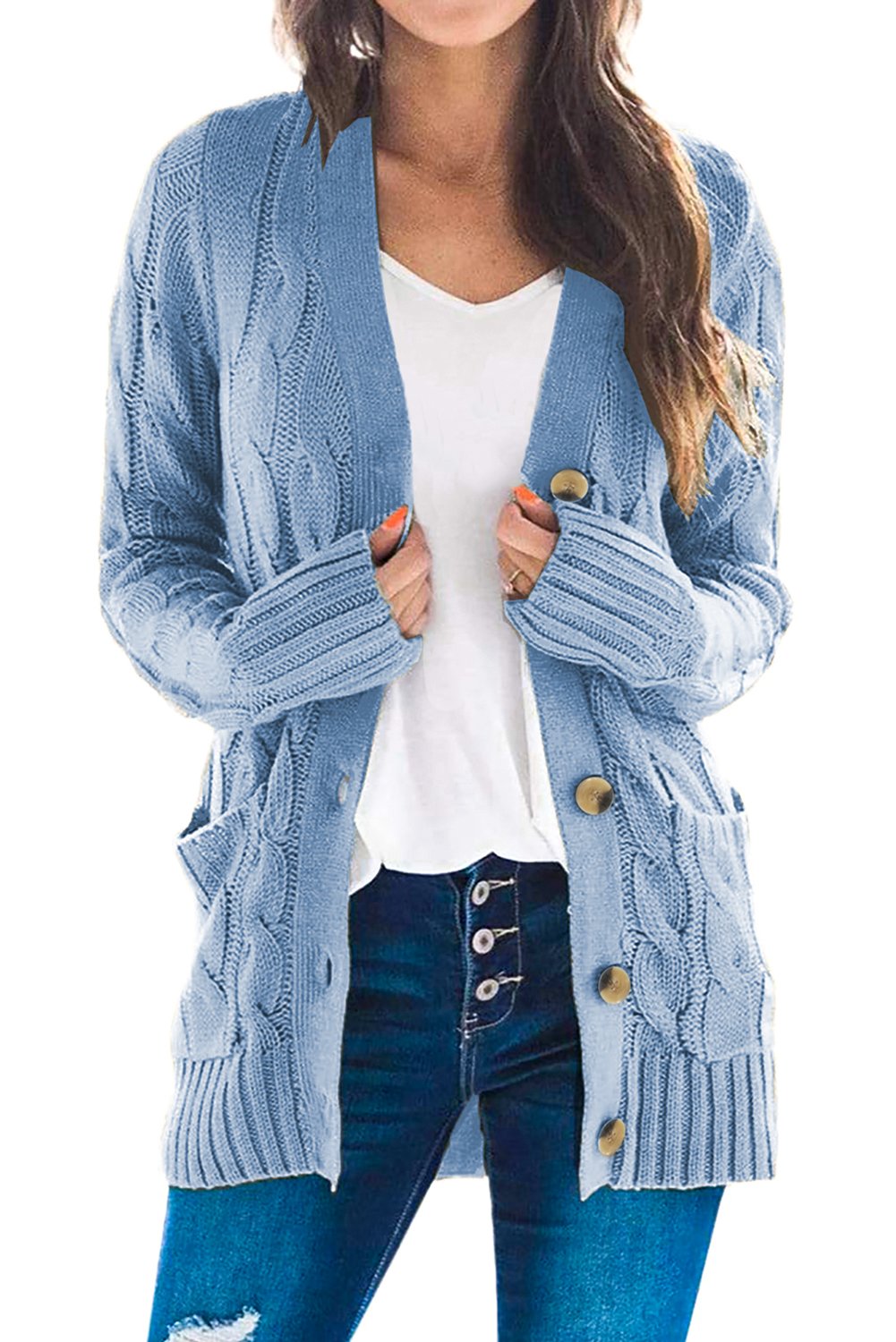 A cozy Button Pocket Knit Cardigan featuring a chunky button-up design, long sleeves, ribbed hem, and a front pocket, perfect for chilly days.