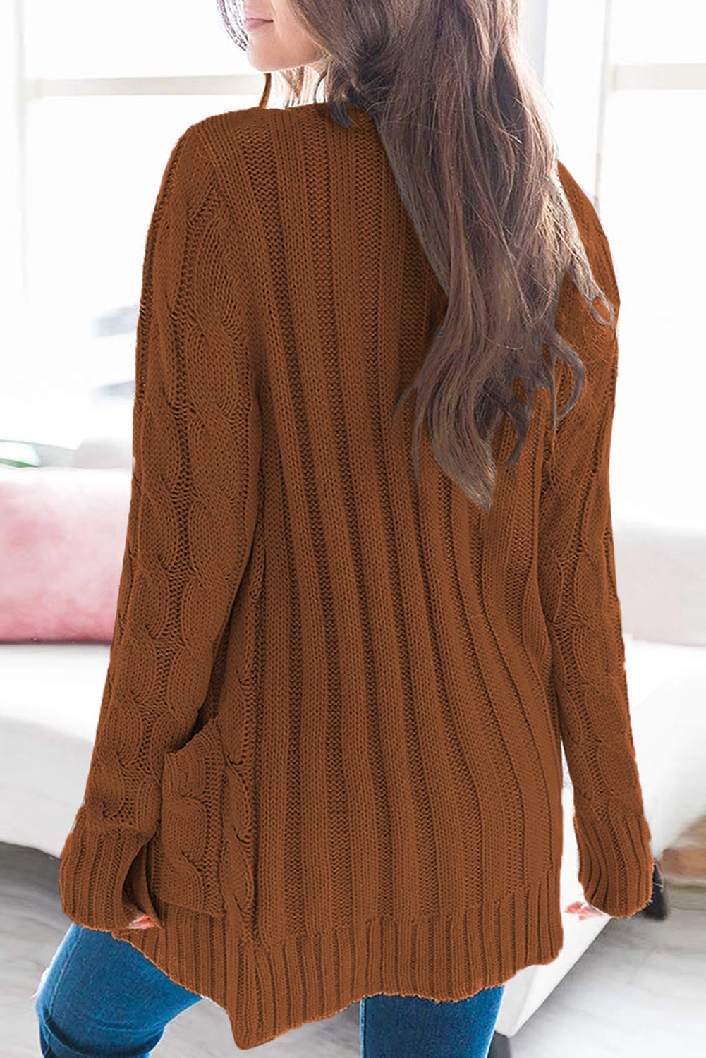 A cozy Button Pocket Knit Cardigan featuring a chunky button-up design, long sleeves, ribbed hem, and a front pocket, perfect for chilly days.