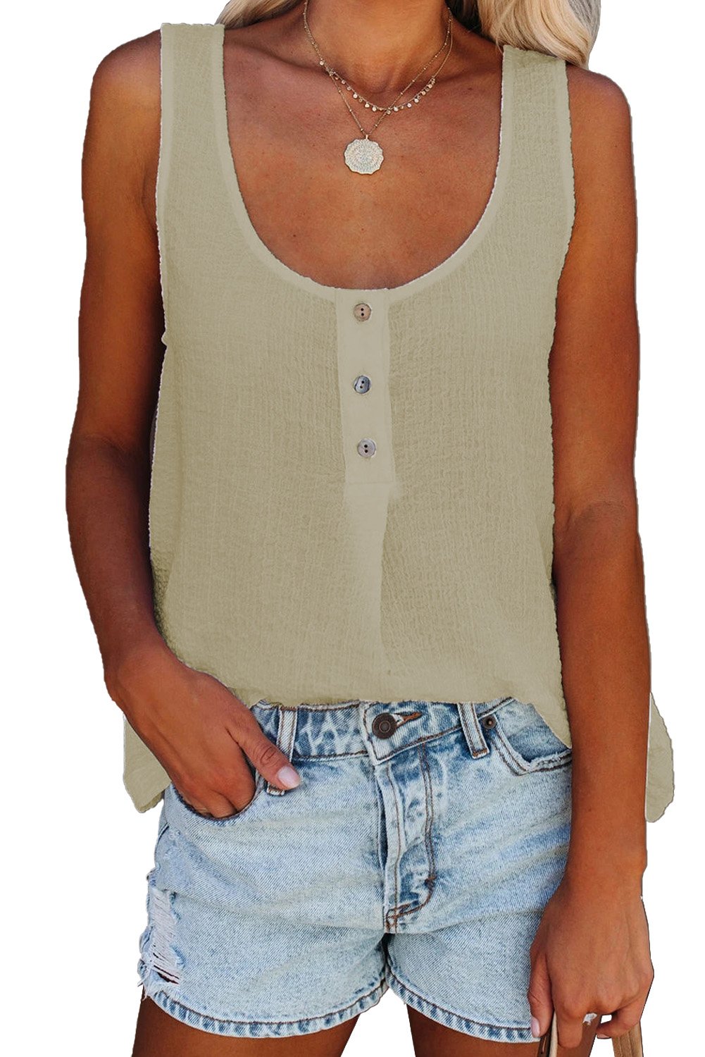 A stylish Button Textured Cotton Tank Top featuring front button closures and a scoop neckline, perfect for casual and party wear.