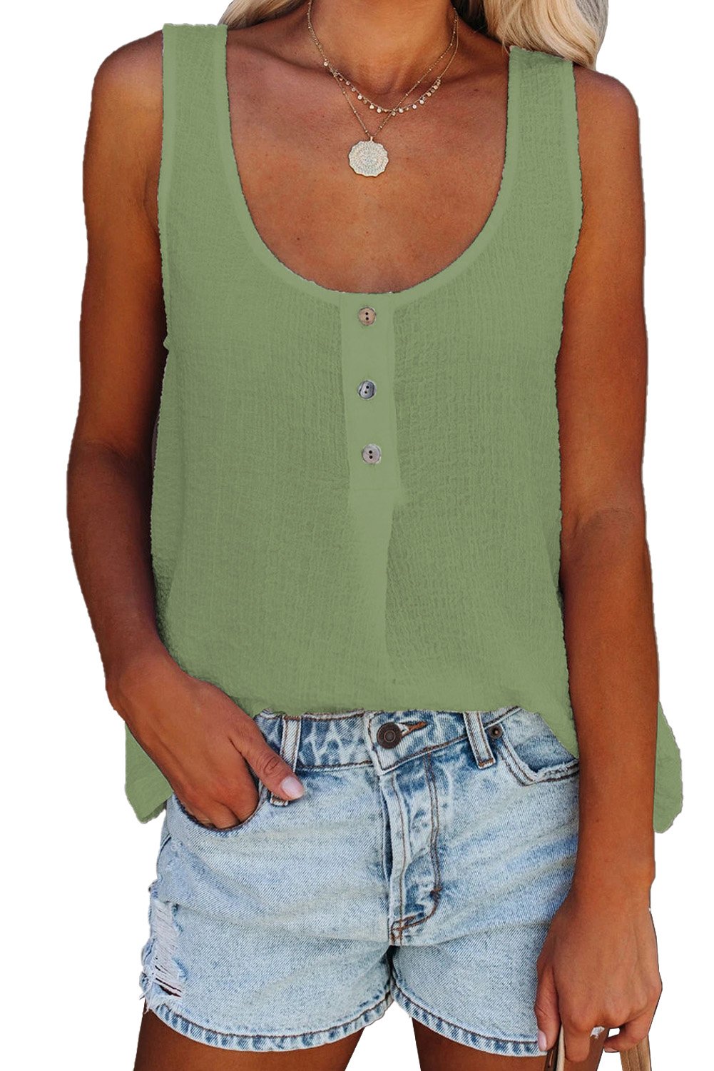 A stylish Button Textured Cotton Tank Top featuring front button closures and a scoop neckline, perfect for casual and party wear.