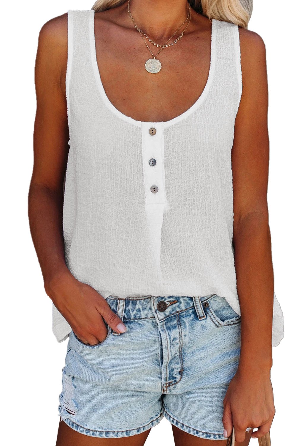 A stylish Button Textured Cotton Tank Top featuring front button closures and a scoop neckline, perfect for casual and party wear.