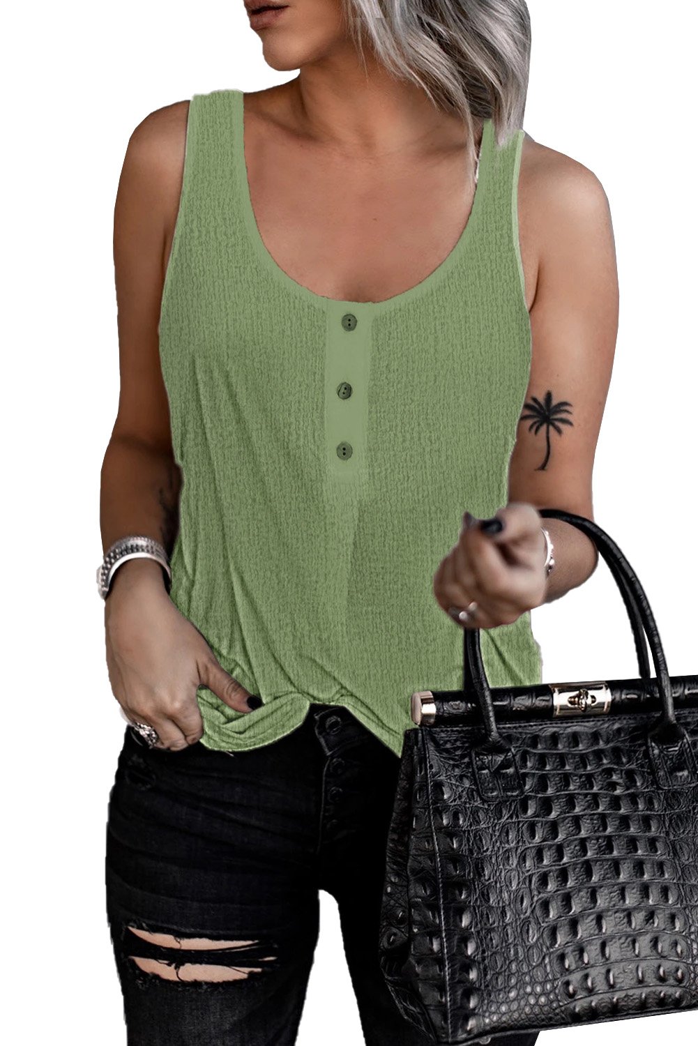 A stylish Button Textured Cotton Tank Top featuring front button closures and a scoop neckline, perfect for casual and party wear.