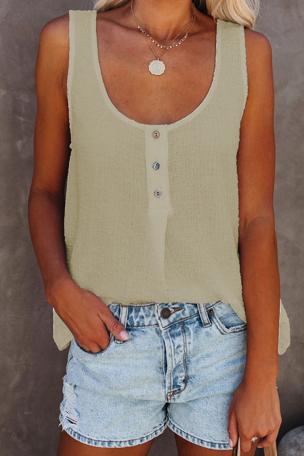 A stylish Button Textured Cotton Tank Top featuring front button closures and a scoop neckline, perfect for casual and party wear.