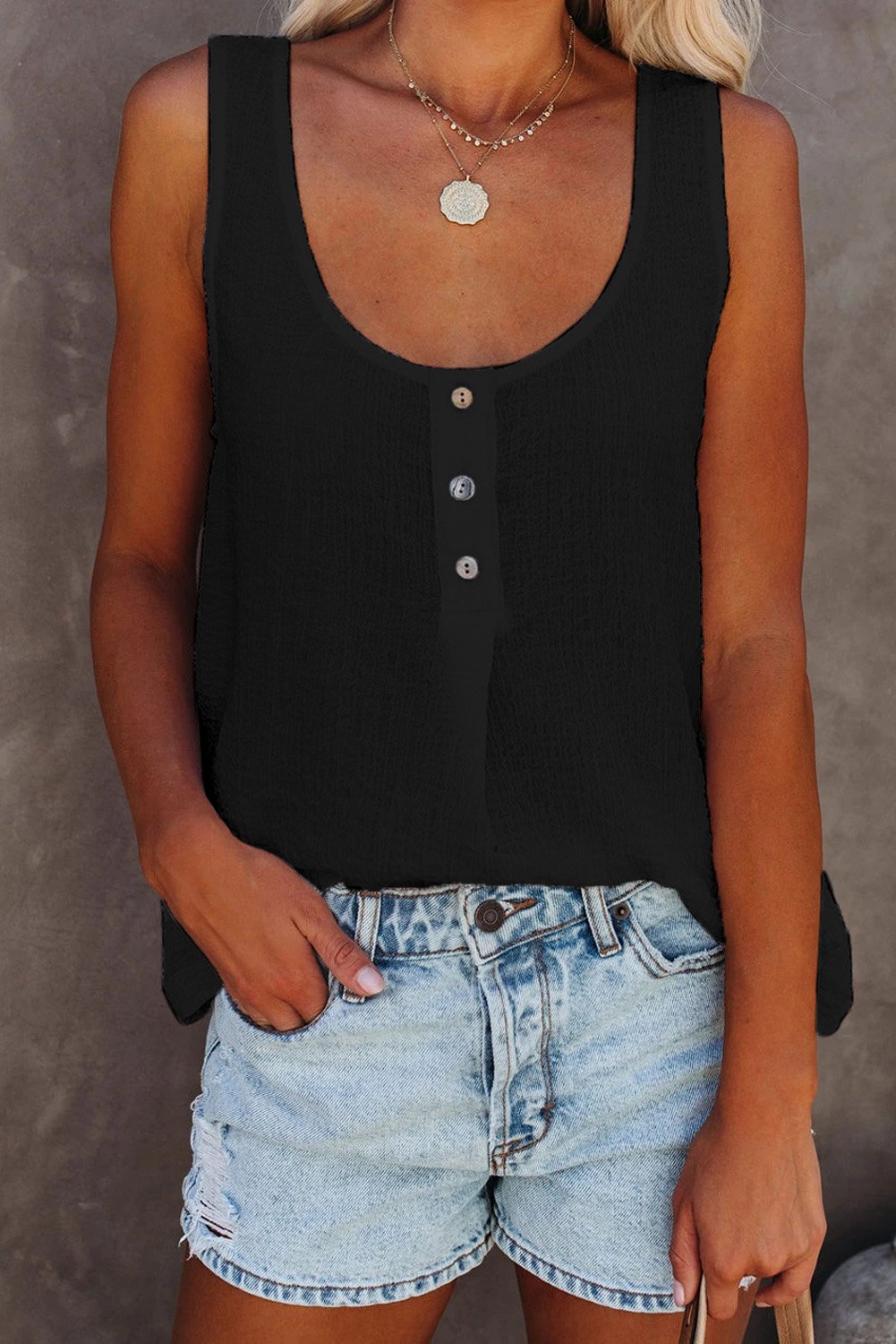 A stylish Button Textured Cotton Tank Top featuring front button closures and a scoop neckline, perfect for casual and party wear.