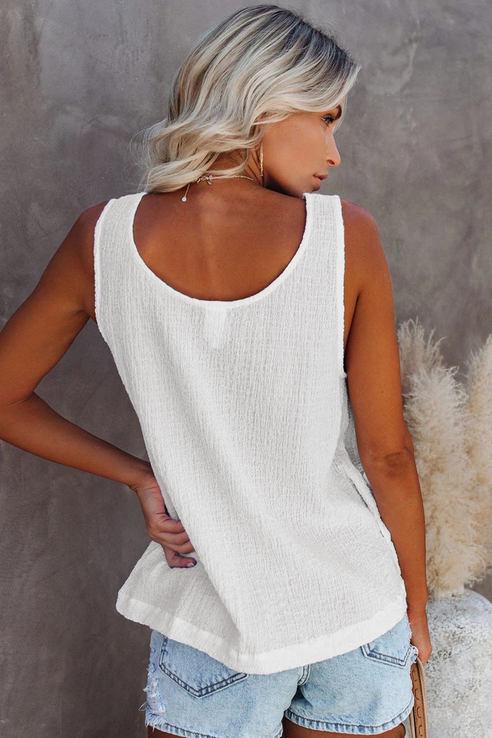 A stylish Button Textured Cotton Tank Top featuring front button closures and a scoop neckline, perfect for casual and party wear.