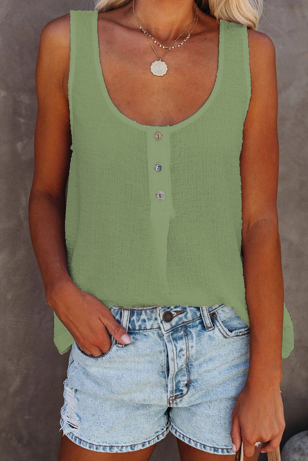 A stylish Button Textured Cotton Tank Top featuring front button closures and a scoop neckline, perfect for casual and party wear.