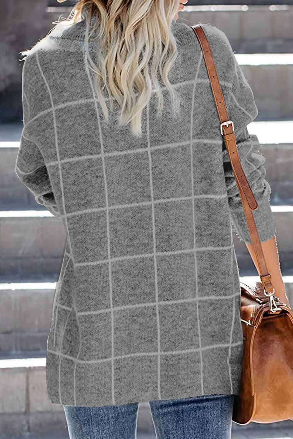 Button Wrap Turtleneck Pullover Sweater featuring a trendy plaid print, button details, and an asymmetrical wrap design, perfect for fall and winter wear.