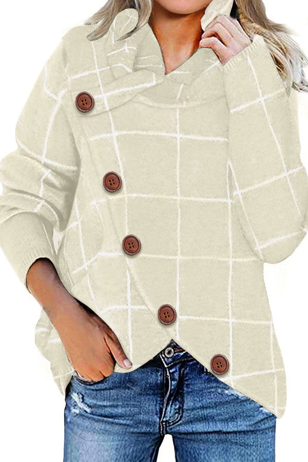 Button Wrap Turtleneck Pullover Sweater featuring a trendy plaid print, button details, and an asymmetrical wrap design, perfect for fall and winter wear.