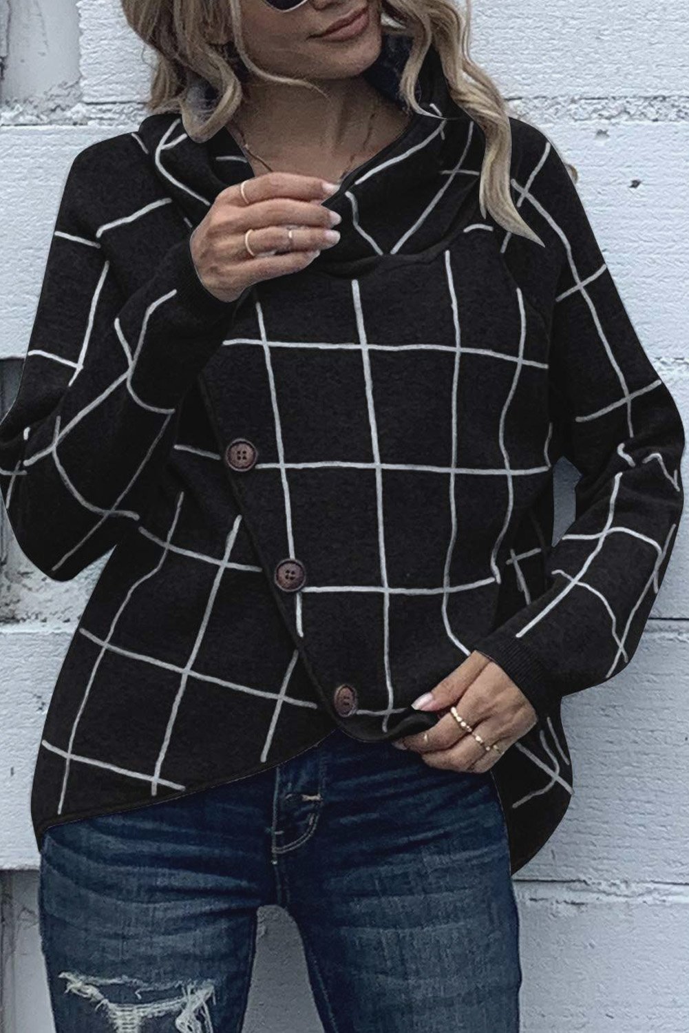 Button Wrap Turtleneck Pullover Sweater featuring a trendy plaid print, button details, and an asymmetrical wrap design, perfect for fall and winter wear.