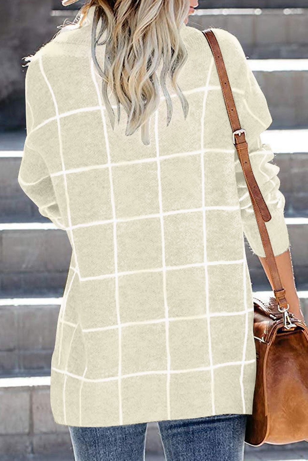 Button Wrap Turtleneck Pullover Sweater featuring a trendy plaid print, button details, and an asymmetrical wrap design, perfect for fall and winter wear.