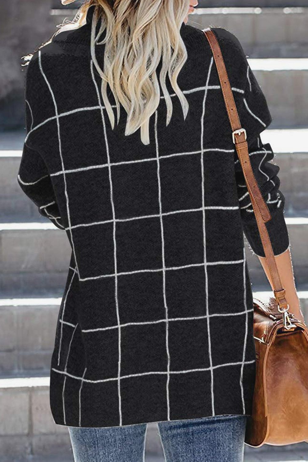 Button Wrap Turtleneck Pullover Sweater featuring a trendy plaid print, button details, and an asymmetrical wrap design, perfect for fall and winter wear.