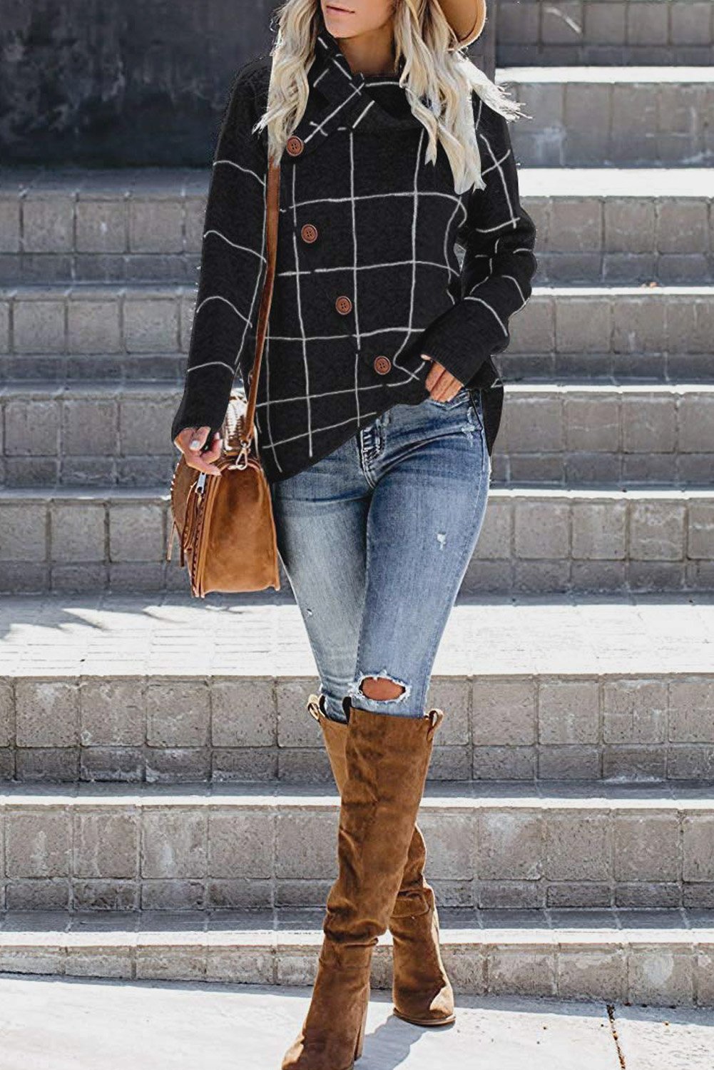 Button Wrap Turtleneck Pullover Sweater featuring a trendy plaid print, button details, and an asymmetrical wrap design, perfect for fall and winter wear.