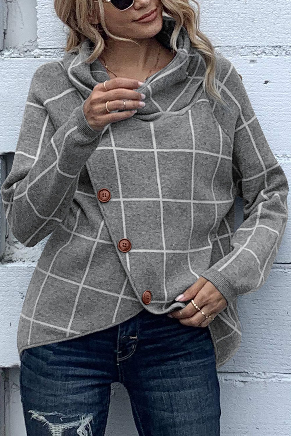 Button Wrap Turtleneck Pullover Sweater featuring a trendy plaid print, button details, and an asymmetrical wrap design, perfect for fall and winter wear.