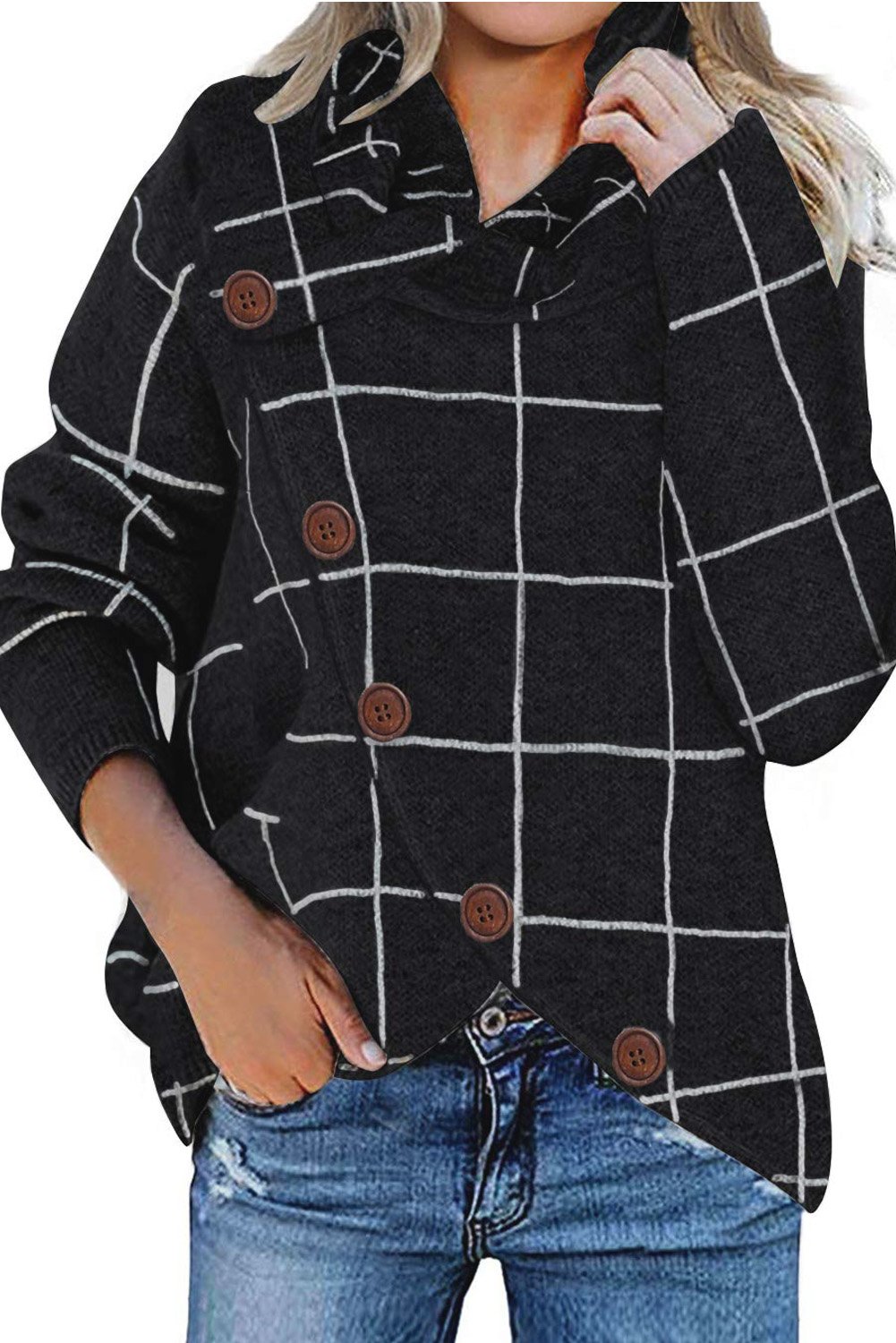 Button Wrap Turtleneck Pullover Sweater featuring a trendy plaid print, button details, and an asymmetrical wrap design, perfect for fall and winter wear.