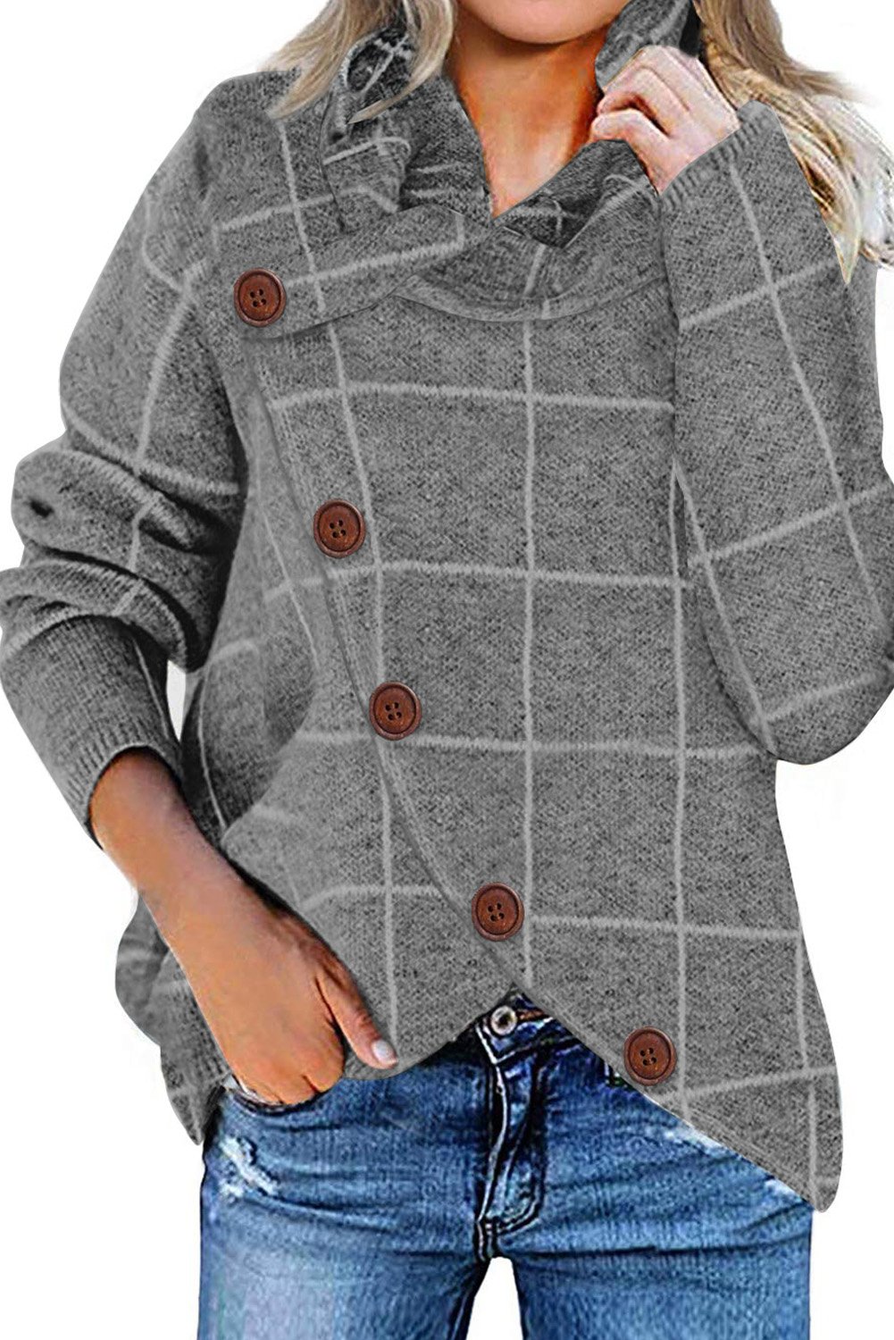 Button Wrap Turtleneck Pullover Sweater featuring a trendy plaid print, button details, and an asymmetrical wrap design, perfect for fall and winter wear.