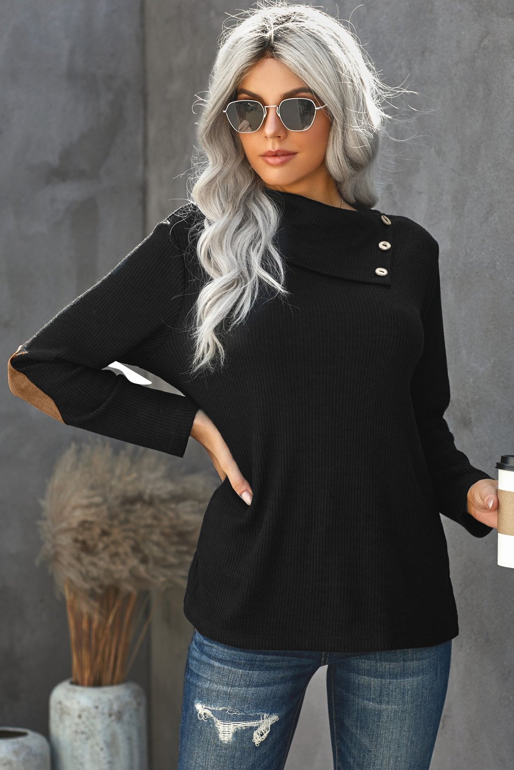 Buttoned Neck Knit Long Sleeves Top featuring button detail and suede elbow patches, perfect for stylish layering.