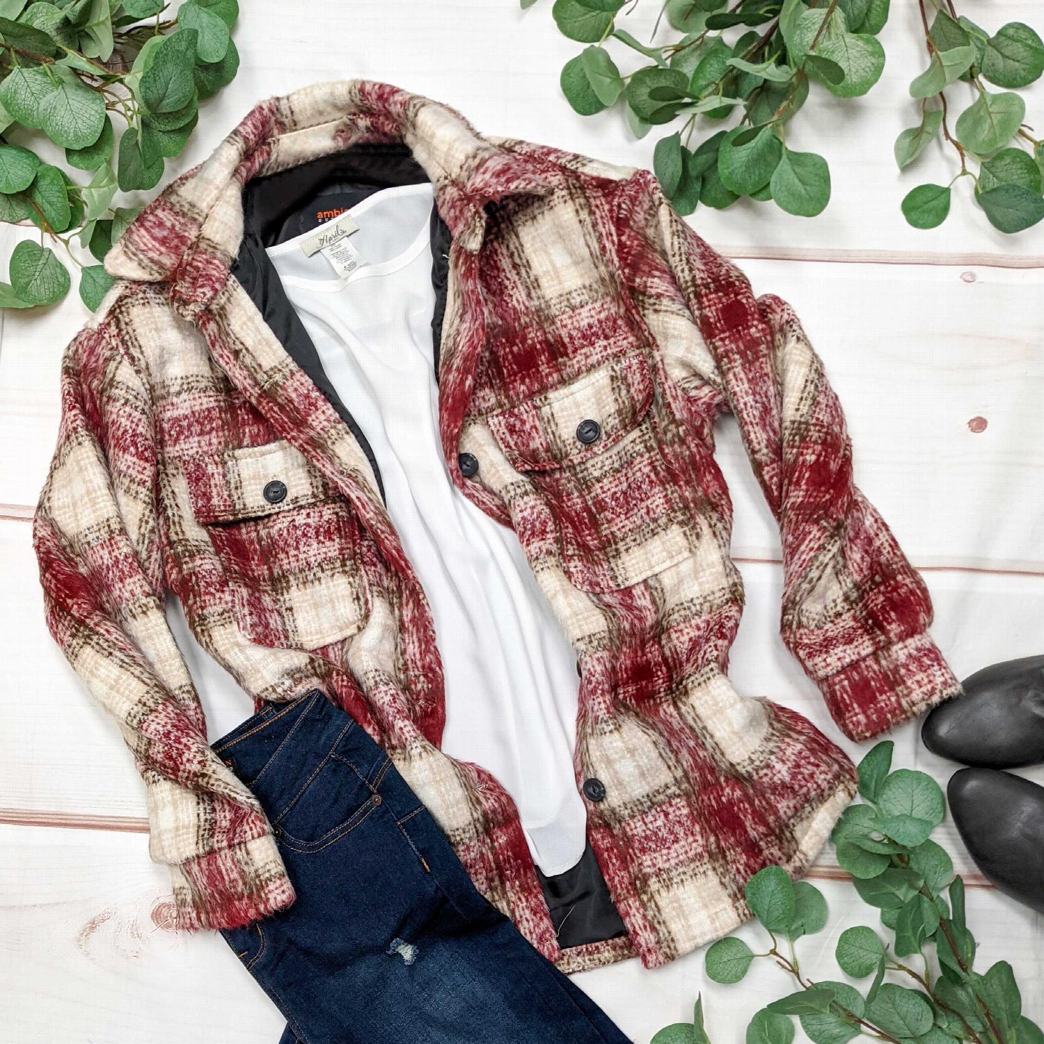 Buttoned Pocket Oversized Plaid Faux Fur Shacket in stylish plaid pattern with buttoned pockets.