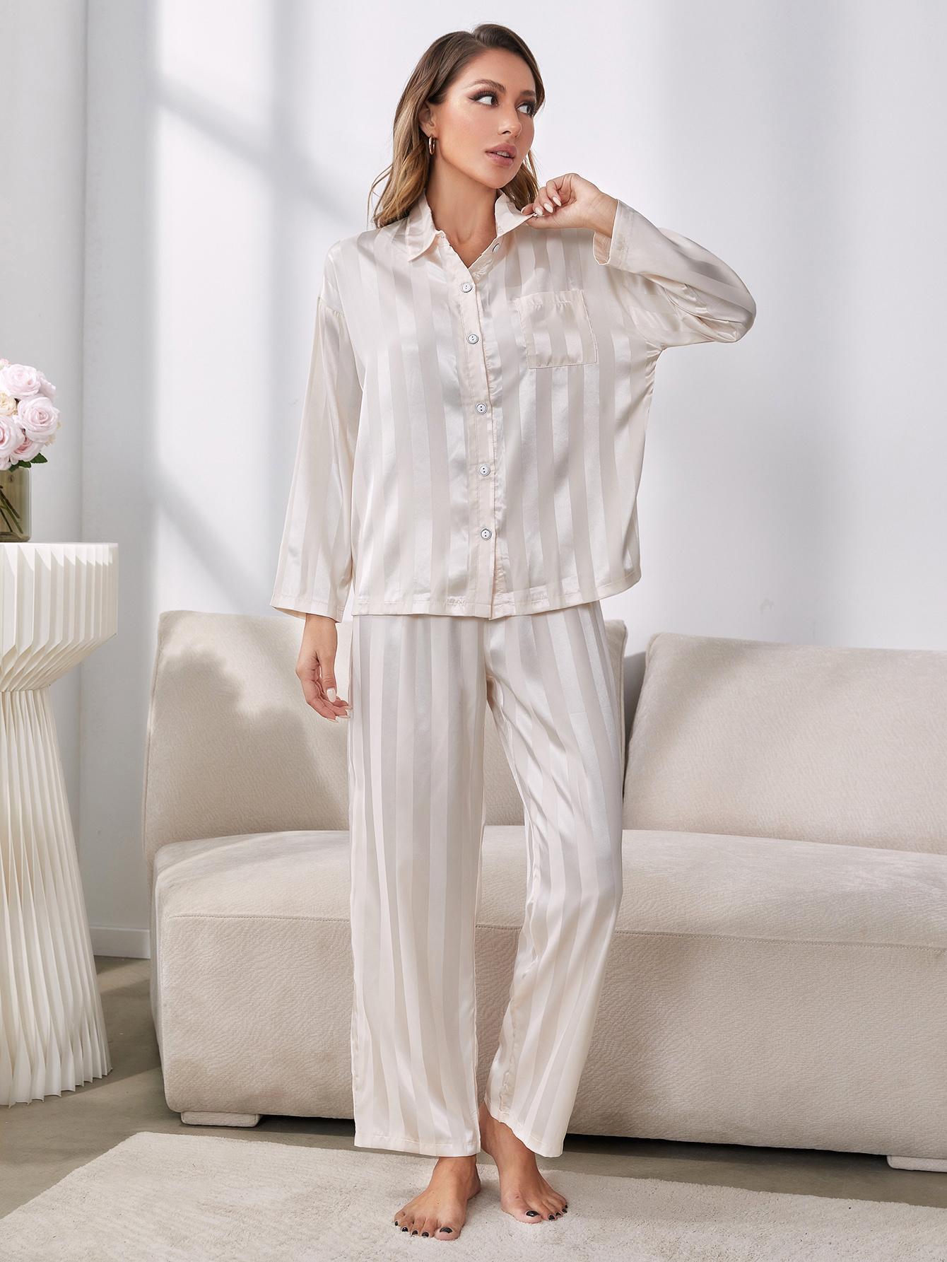 Button-Up Shirt and Pants Pajama Set featuring a striped pattern, lapel collar, and pockets, displayed in a studio setting.