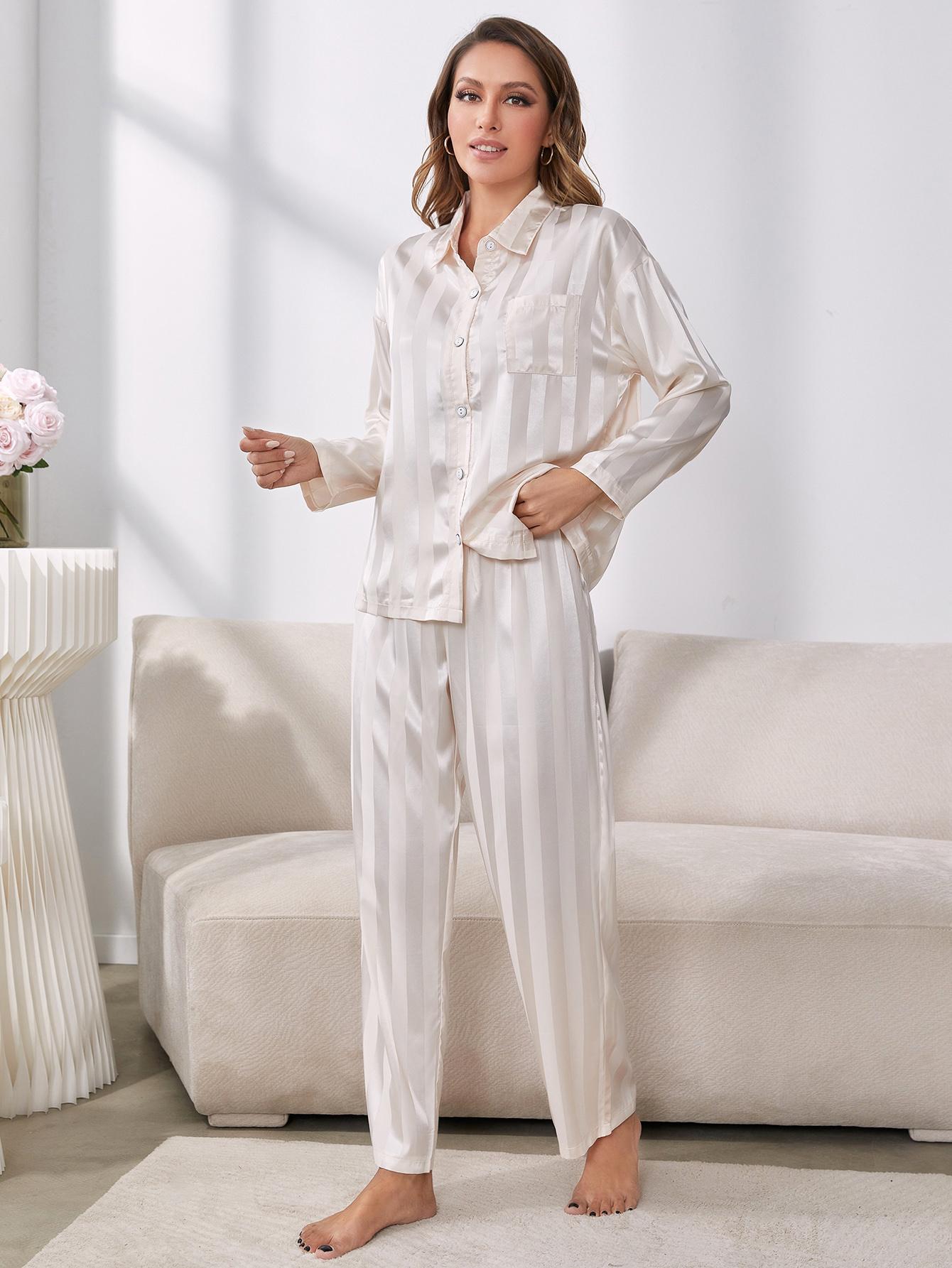 Button-Up Shirt and Pants Pajama Set featuring a striped pattern, lapel collar, and pockets, displayed in a studio setting.