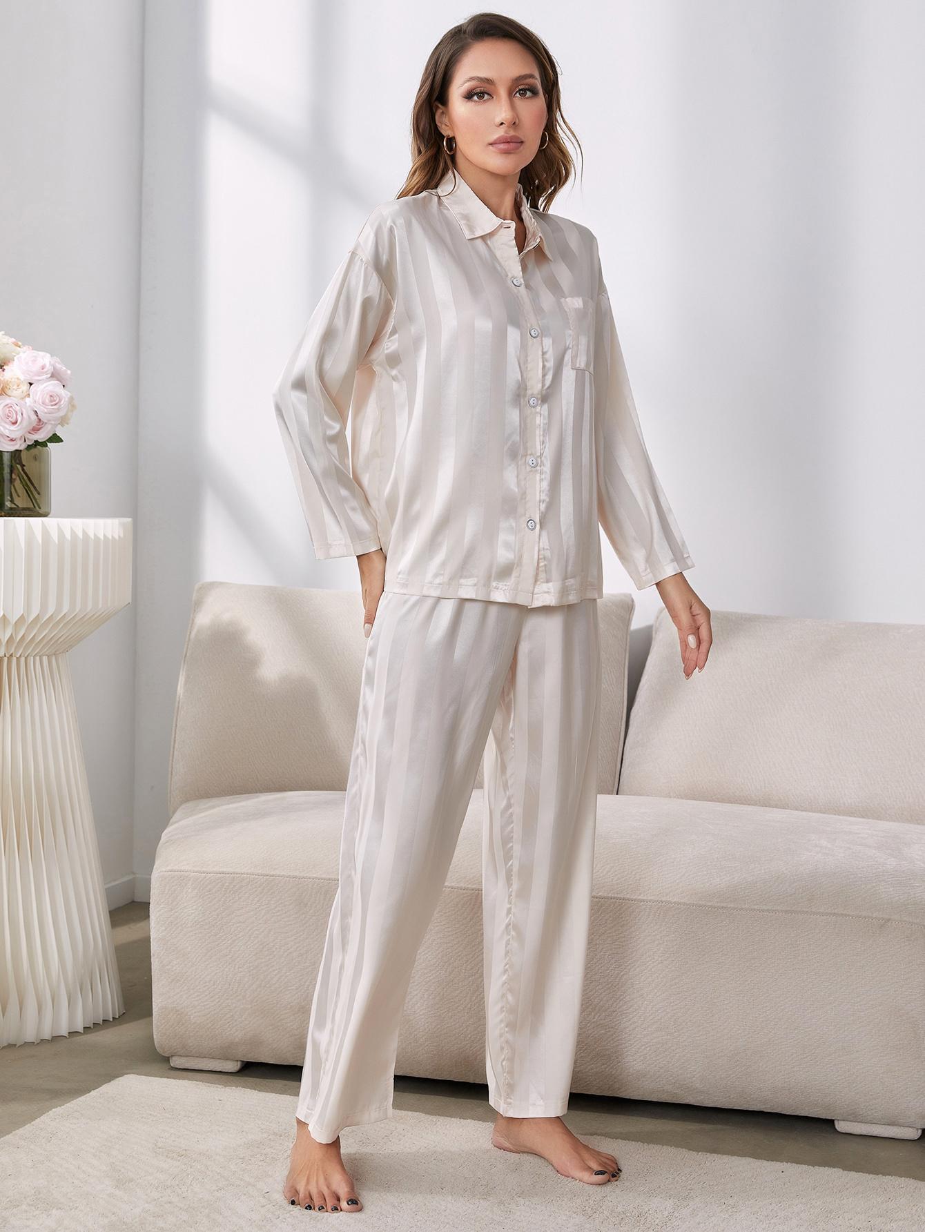 Button-Up Shirt and Pants Pajama Set featuring a striped pattern, lapel collar, and pockets, displayed in a studio setting.