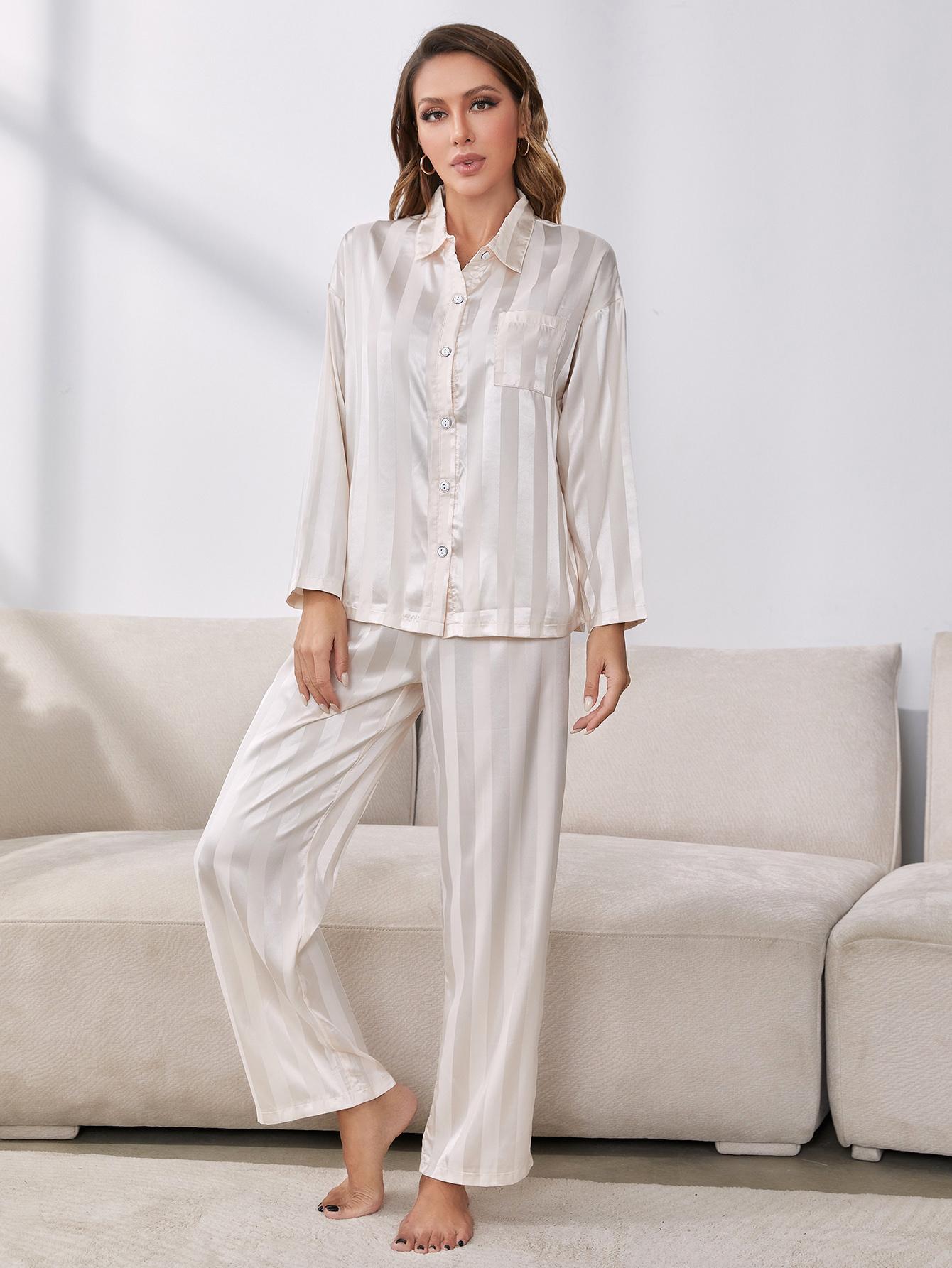 Button-Up Shirt and Pants Pajama Set featuring a striped pattern, lapel collar, and pockets, displayed in a studio setting.