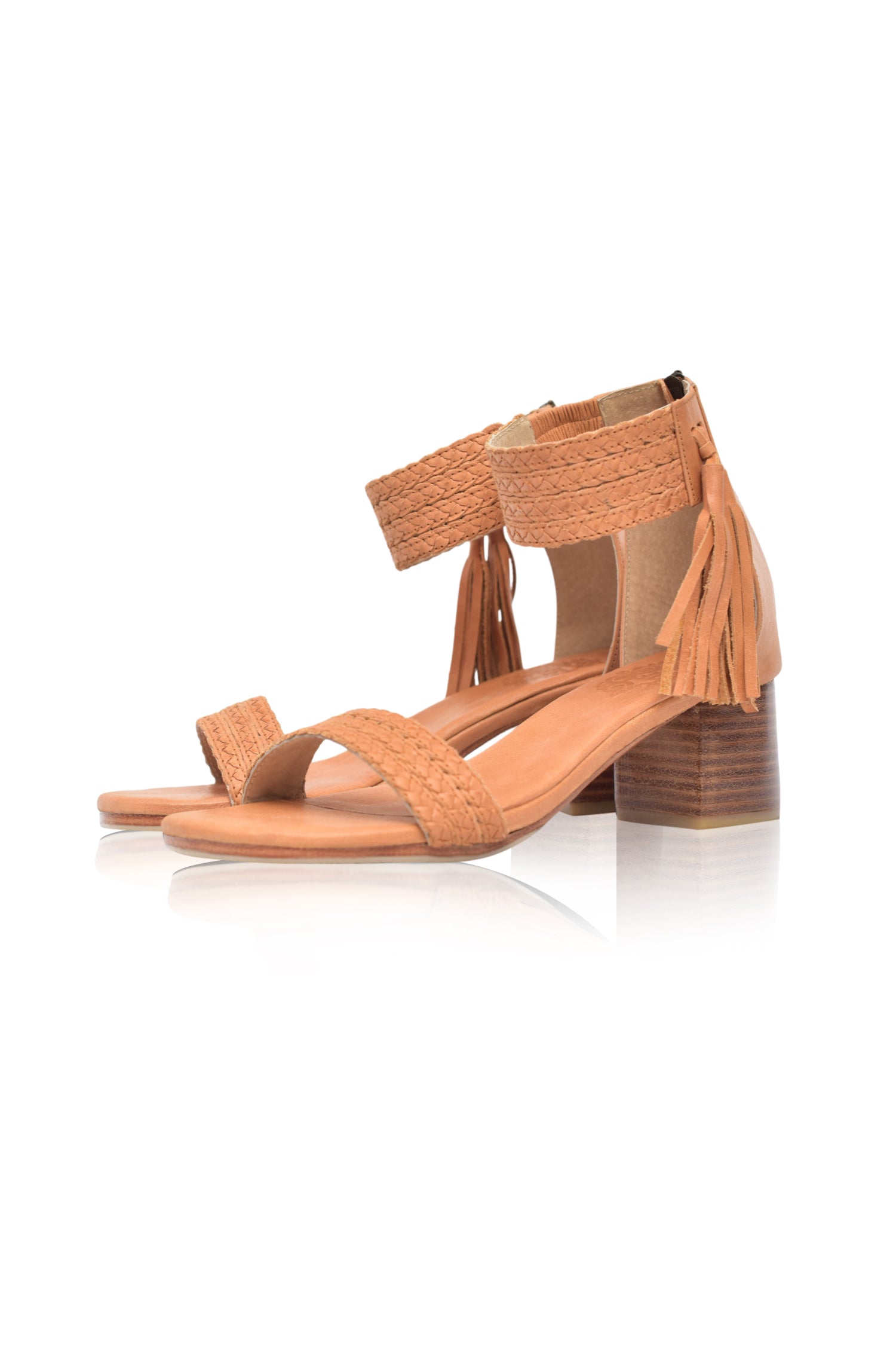 Cabana Tassel Heel Sandals featuring braided leather upper and tassels on ankle cuff, perfect for summer wear.