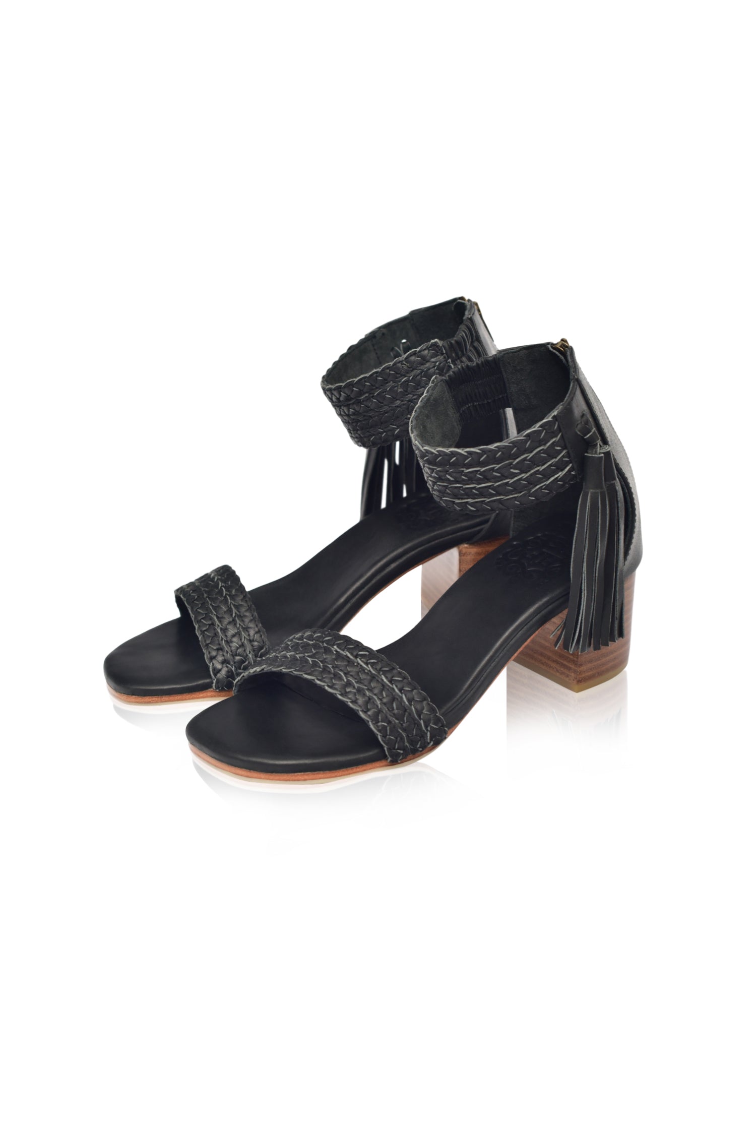 Cabana Tassel Heel Sandals featuring braided leather upper and tassels on ankle cuff, perfect for summer wear.