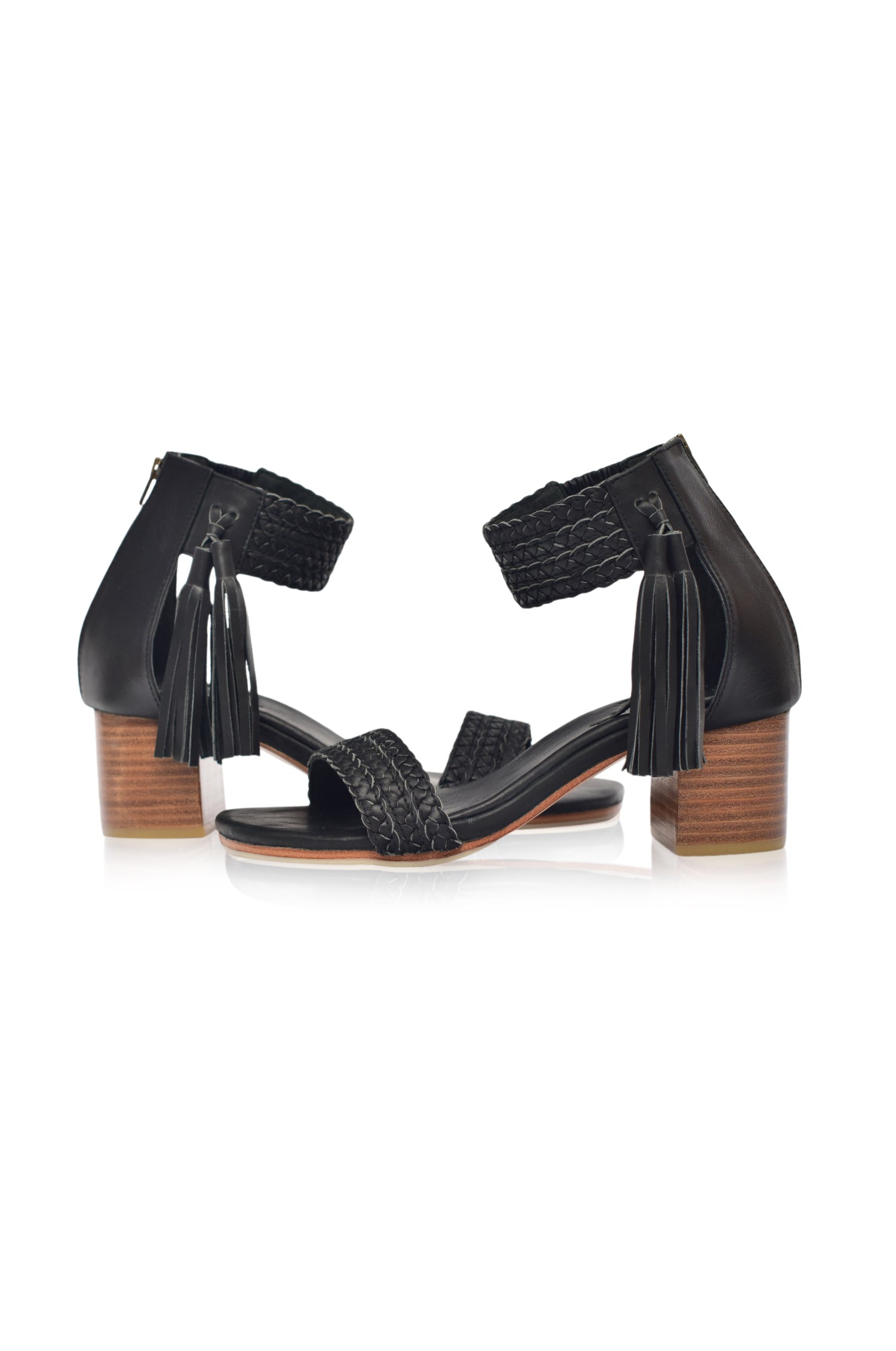 Cabana Tassel Heel Sandals featuring braided leather upper and tassels on ankle cuff, perfect for summer wear.