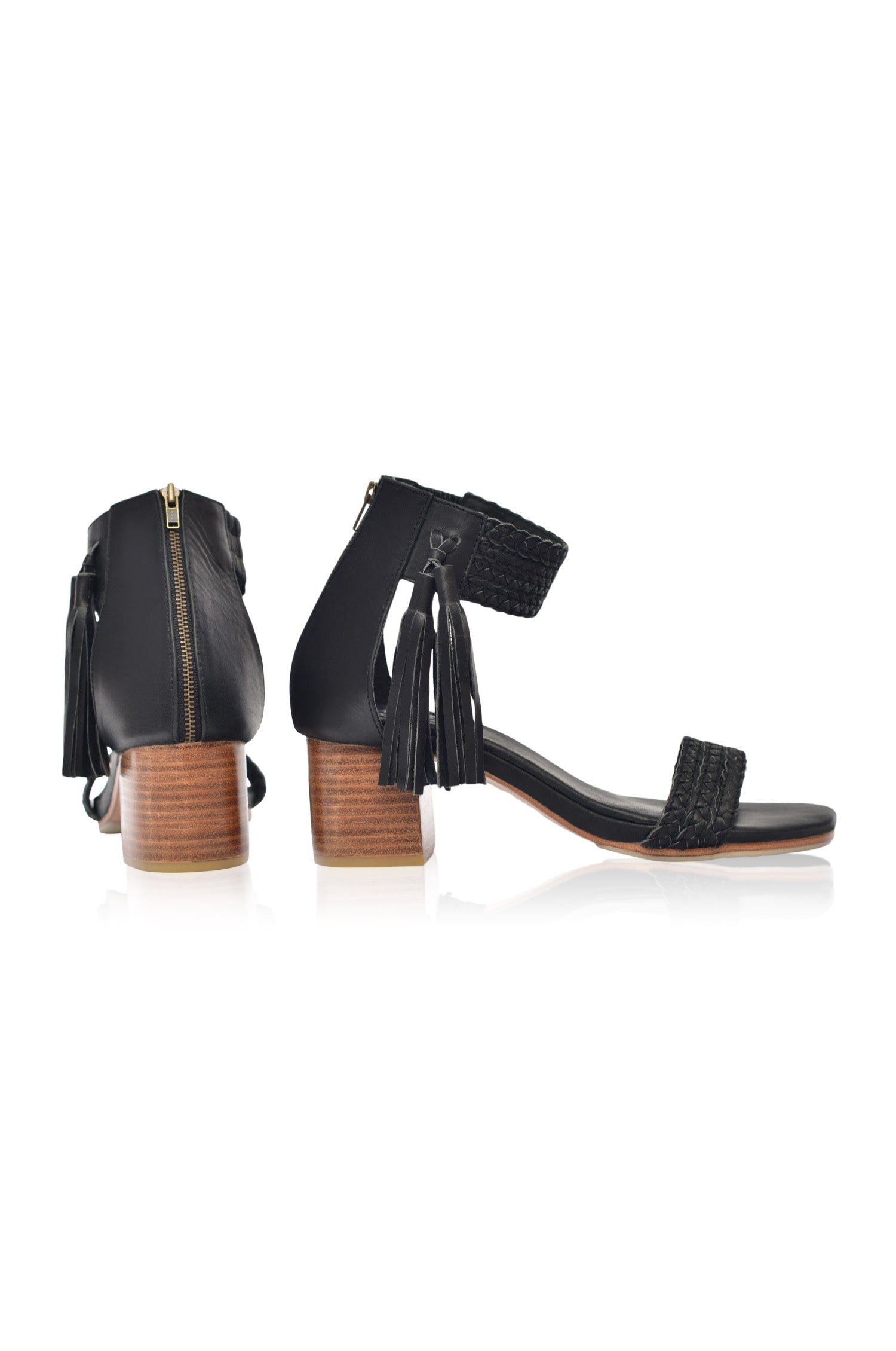 Cabana Tassel Heel Sandals featuring braided leather upper and tassels on ankle cuff, perfect for summer wear.