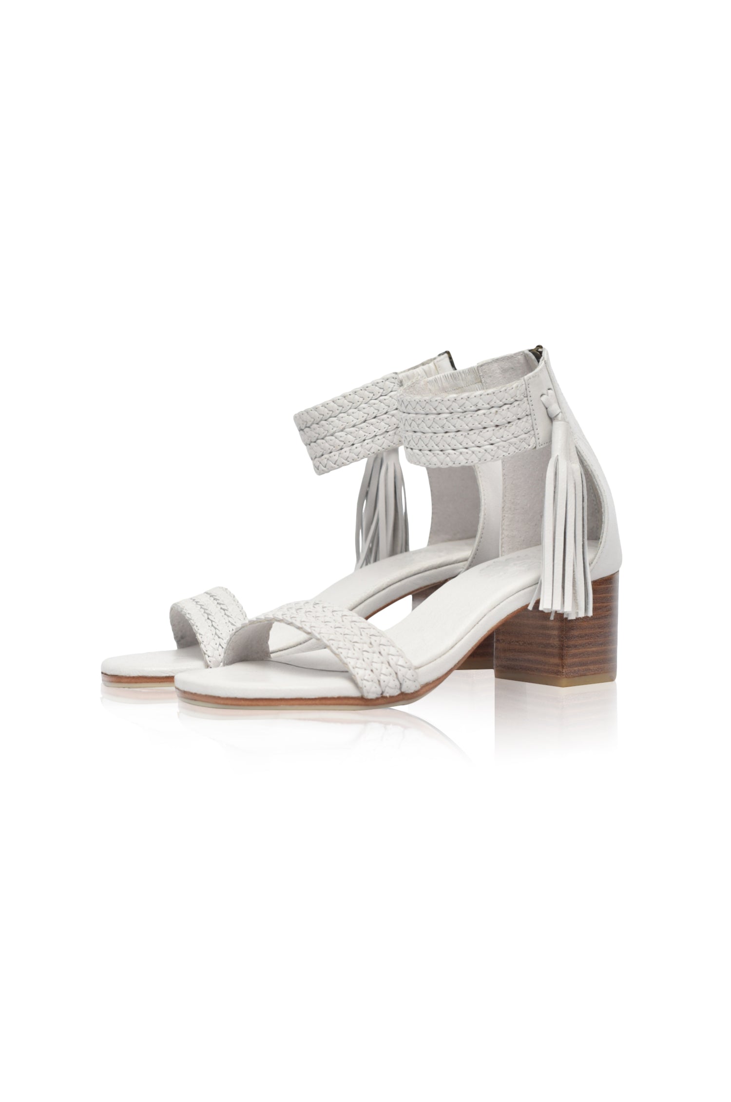 Cabana Tassel Heel Sandals featuring braided leather upper and tassels on ankle cuff, perfect for summer wear.