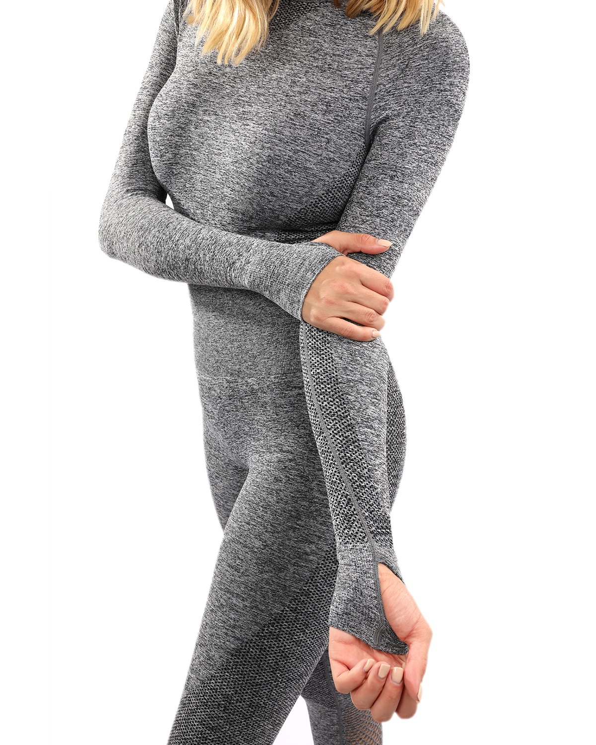 Cadrina Seamless Sports Top in grey featuring long sleeves and thumb holes, designed for comfort and style during workouts.