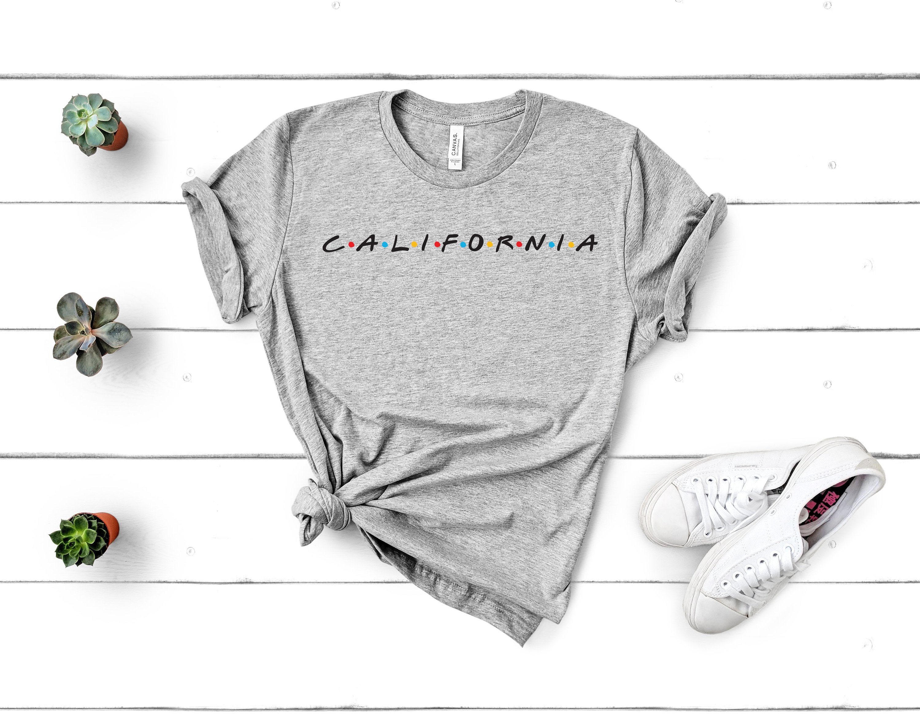 California Friends Tee featuring a crew neck and short sleeves, made from soft, lightweight cotton, perfect for fans of the TV show Friends.