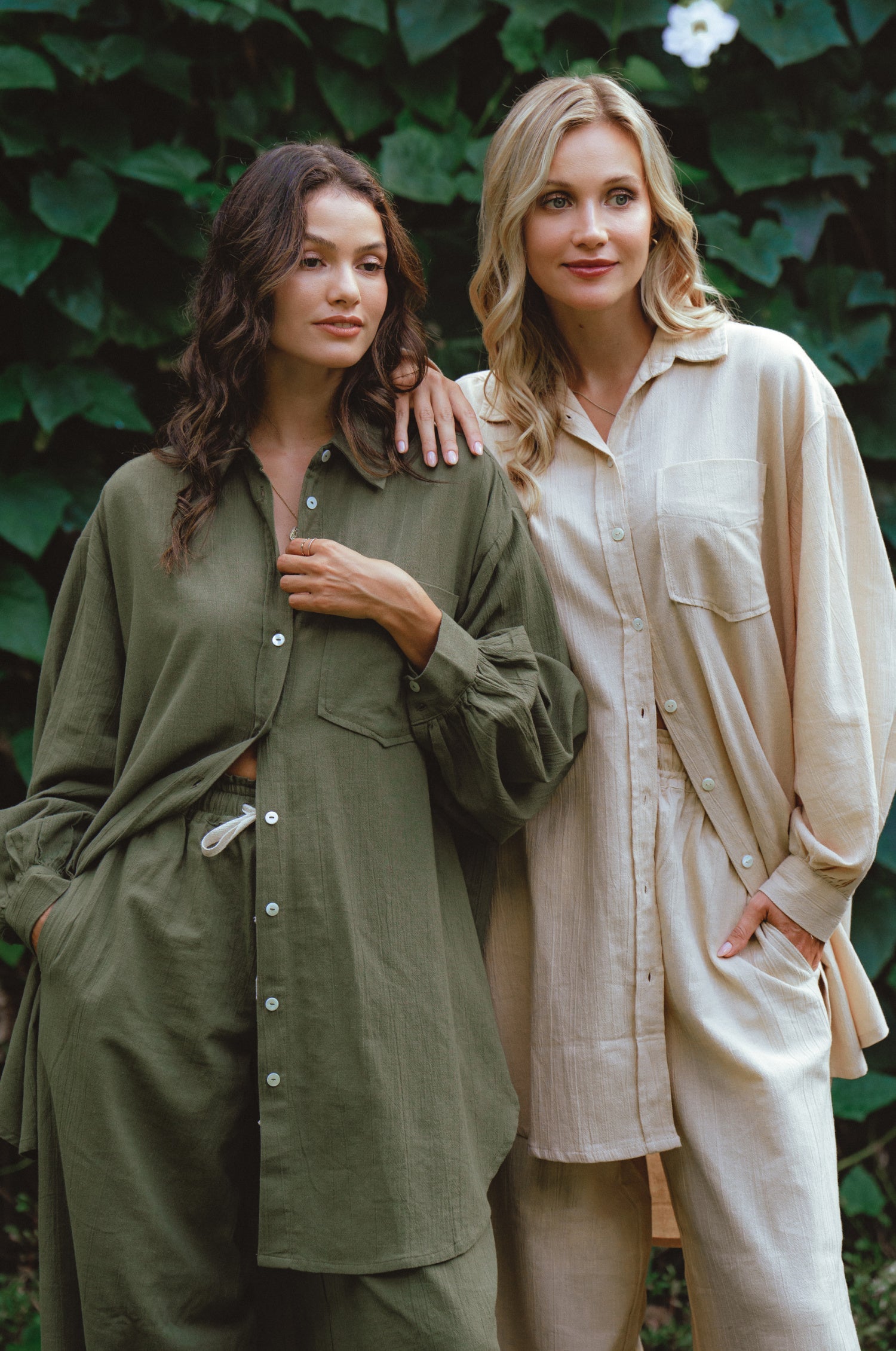 Calin Long Sleeve Oversized Shirt made from breathable linen, featuring a button-down style and high-low hem, displayed on a mannequin.