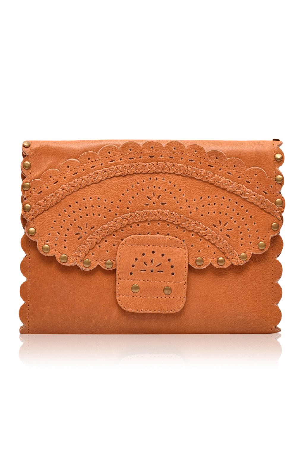 Calypso Tri Fold Wallet featuring scallop edges, leather stitching, and brass studs, showcasing its stylish boho design.