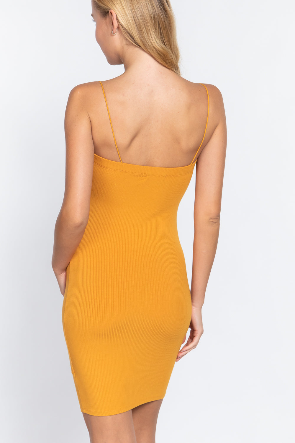 Cami Heavy Rib Mini Dress in mango color, featuring a straight neck and elastic string design, perfect for summer outings.