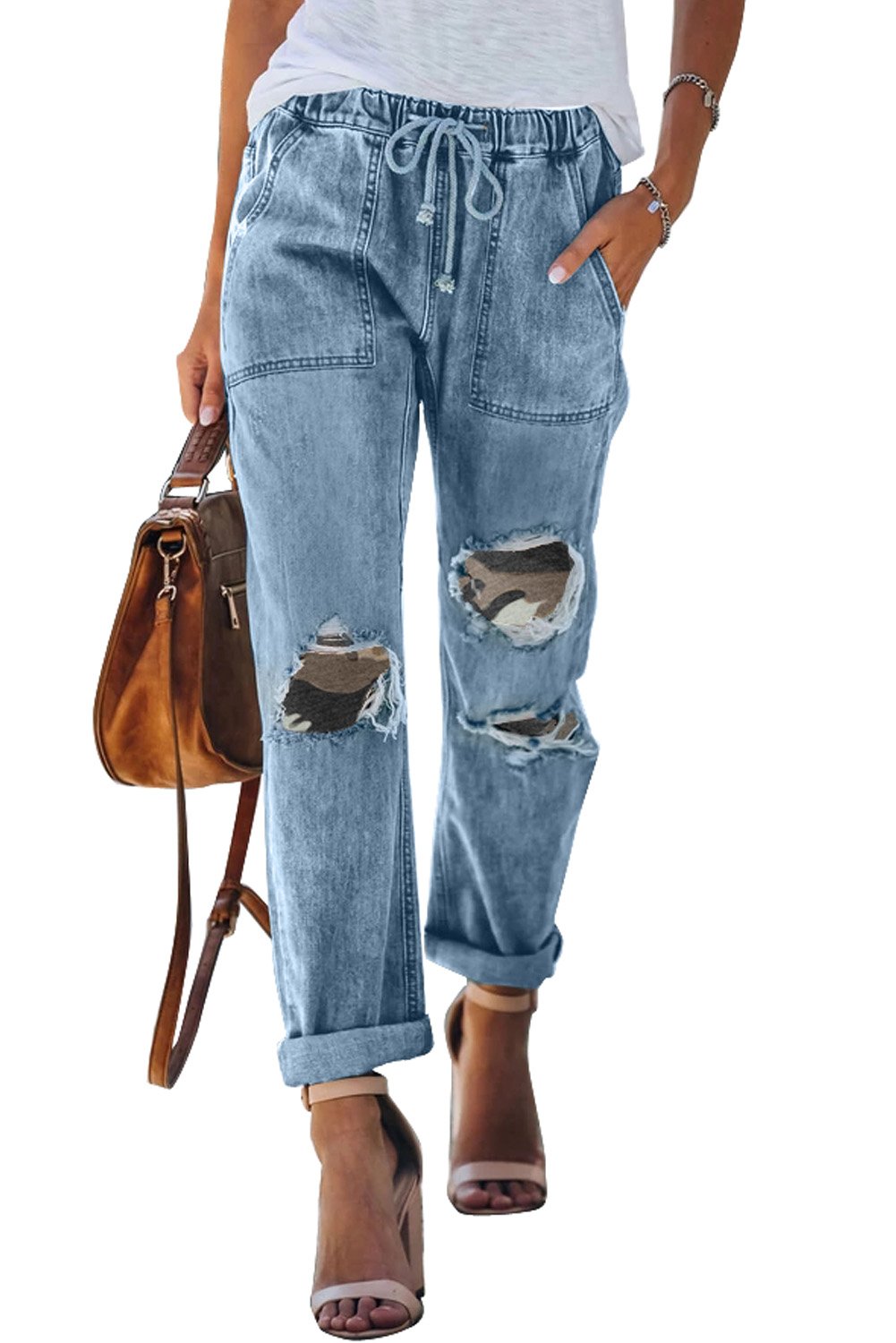 Camo Patches Cotton Pocketed Denim Jeans featuring stylish patches, ripped holes, and a comfortable fit.