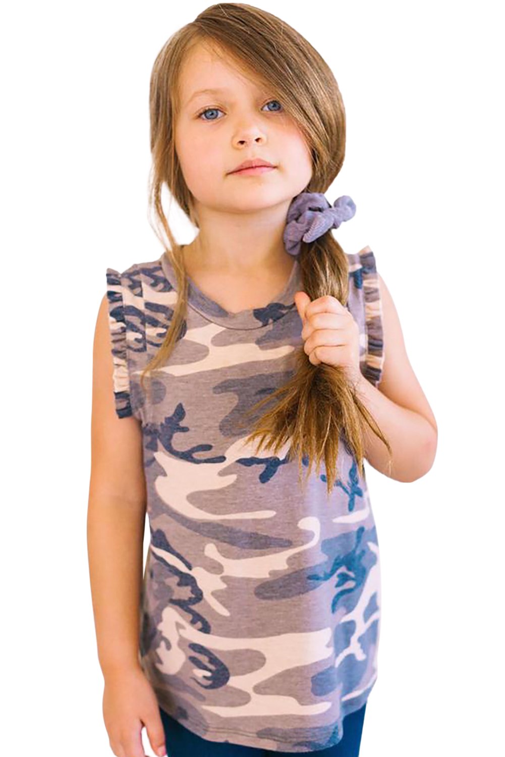 Camo Print Flounced Armholes Little Girls’ Tank featuring ruffled sleeves and a trendy camouflage design, perfect for active girls.