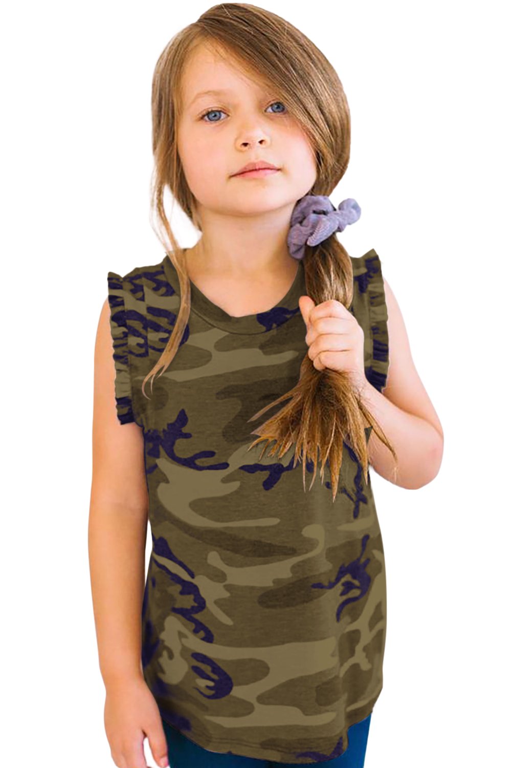 Camo Print Flounced Armholes Little Girls’ Tank featuring ruffled sleeves and a trendy camouflage design, perfect for active girls.