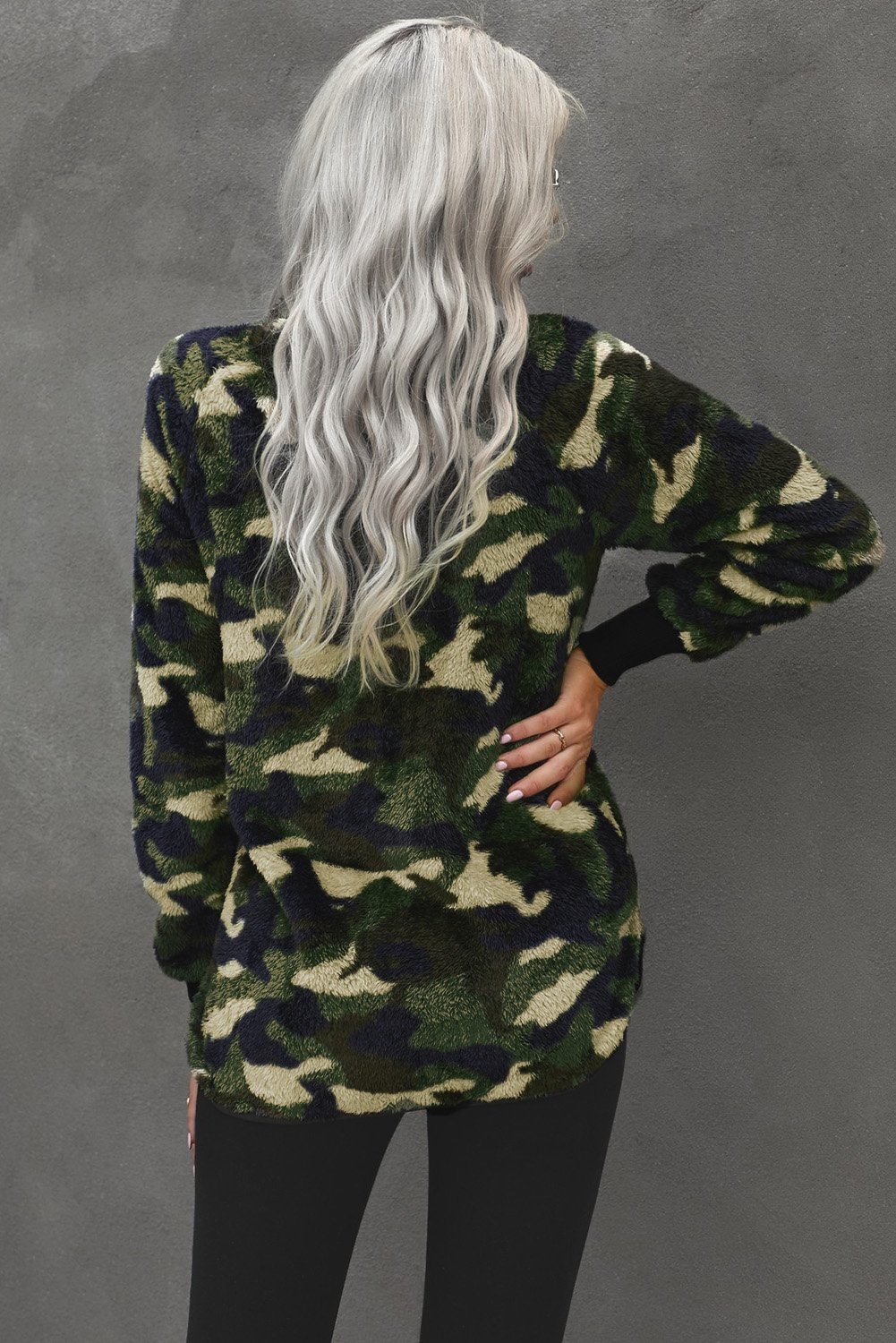 Camo Print Sherpa Pullover Sweatshirt featuring a high neck and kangaroo pocket, designed for warmth and style.