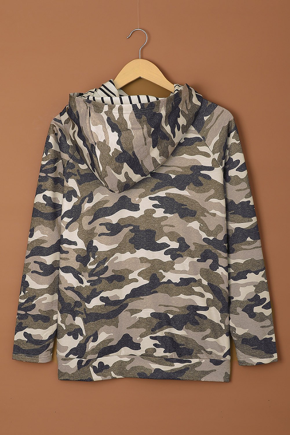 Camouflage Zipper Collar Striped Doublehood Sweatshirt featuring a stylish camo print and black stripe accents, perfect for casual wear.