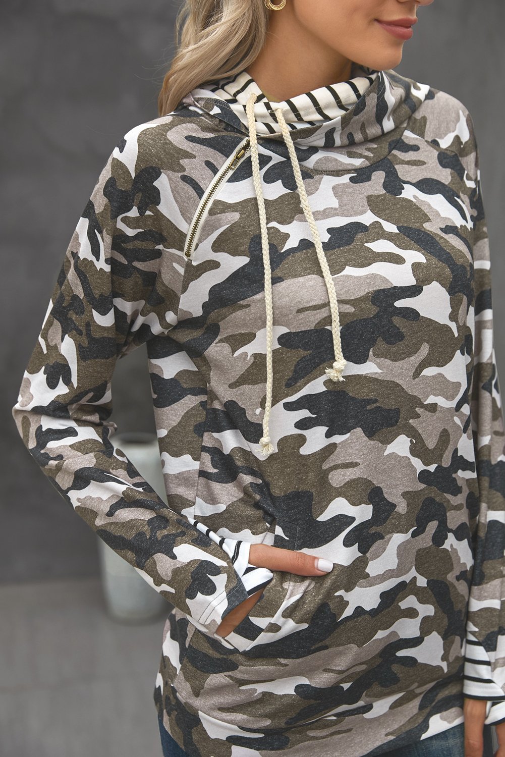 Camouflage Zipper Collar Striped Doublehood Sweatshirt featuring a stylish camo print and black stripe accents, perfect for casual wear.